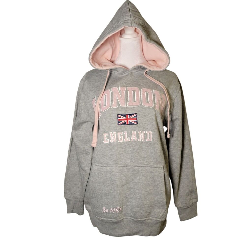 GWCC London England Hoodie Grey Pink Union Jack British Souvenir Sweatshirt S